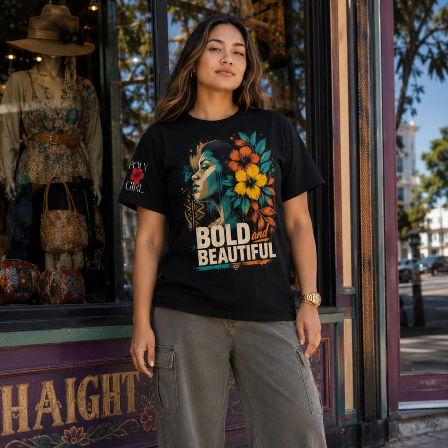 A woman stands in front of a Haight and Ashbury storefront in San Francisco wearing a black graphic T-shirt with a colorful floral portrait print and the words 'BOLD and BEAUTIFUL,' paired with gray cargo pants.