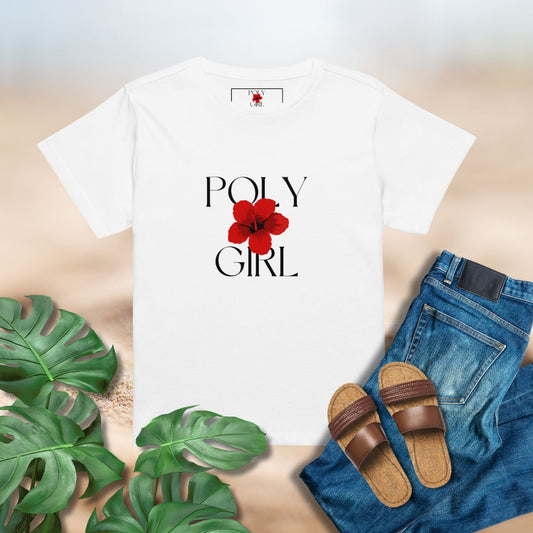 White Tshirt with the Poly Girl logo of red hibiscus on the front - Polynesian and Pacific Island inspired brand. 