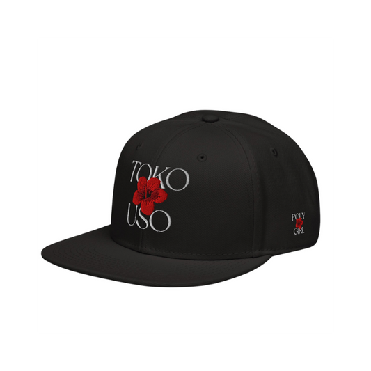 Black cap with 'TOKO USO' and red flower design on a white background