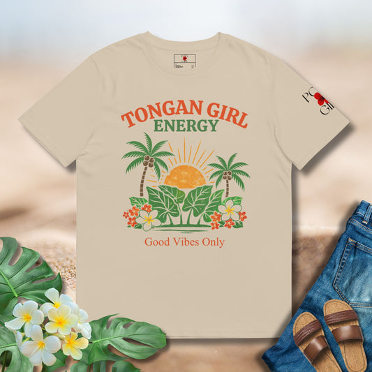 Tongan Girl Energy tropical sunset graphic on beige tee