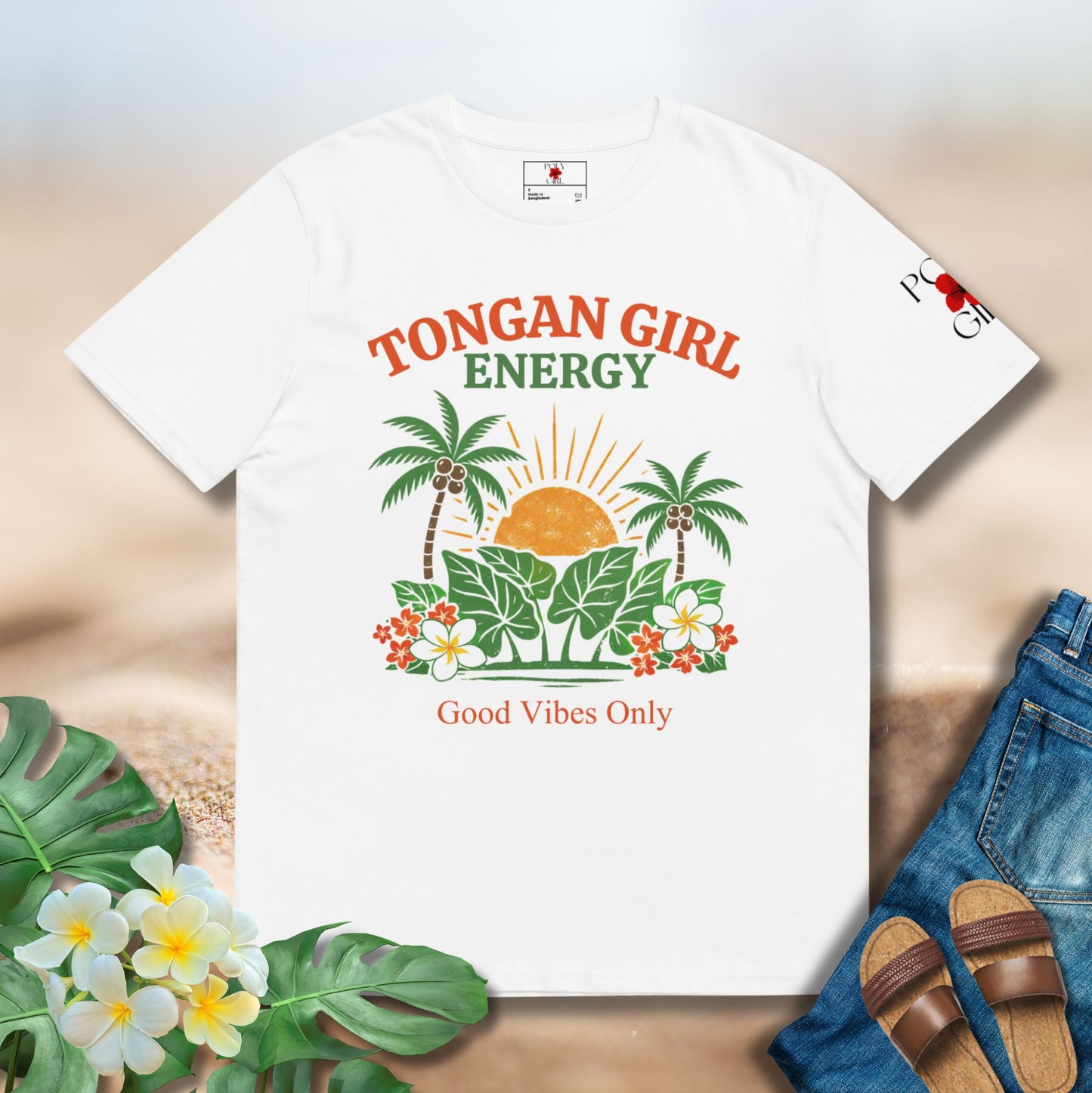 Tongan Girl Energy by Poly Girl with tropical sunset graphic on white tee