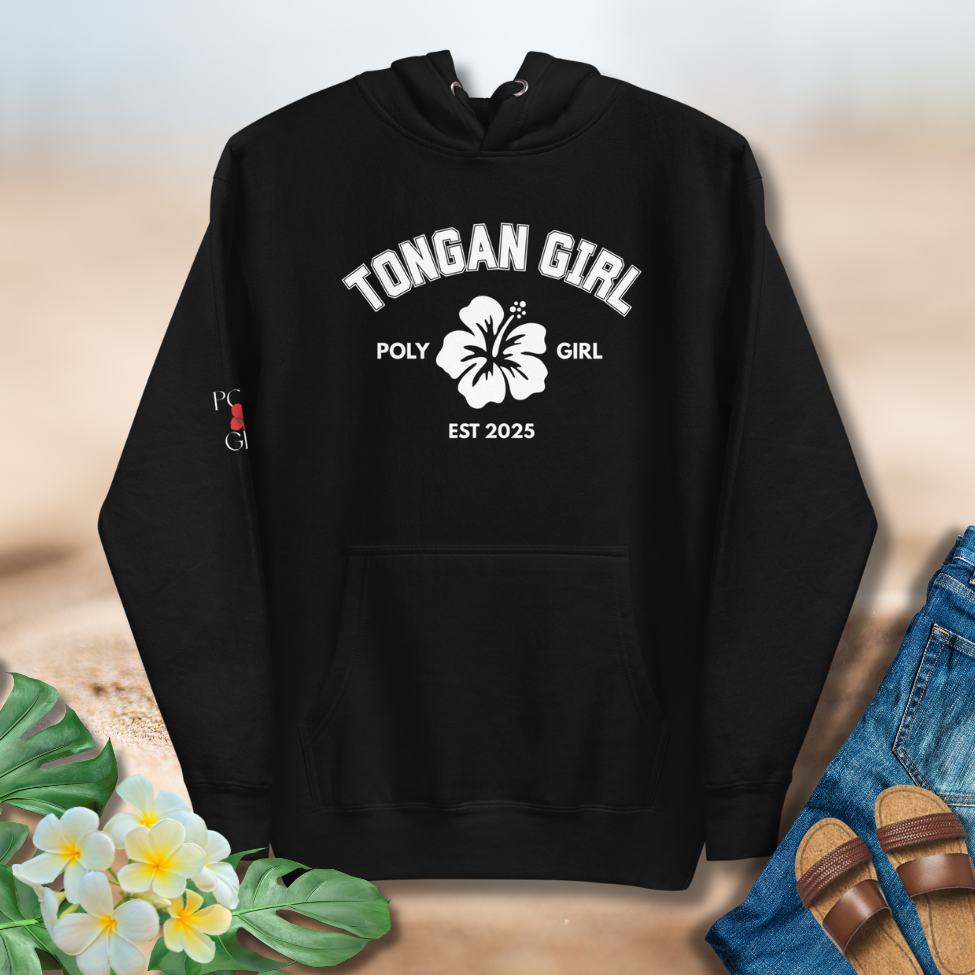 Tongan Girl Poly Girl Classic Hoodie in black color with white hibiscus emblem and EST 2025 text