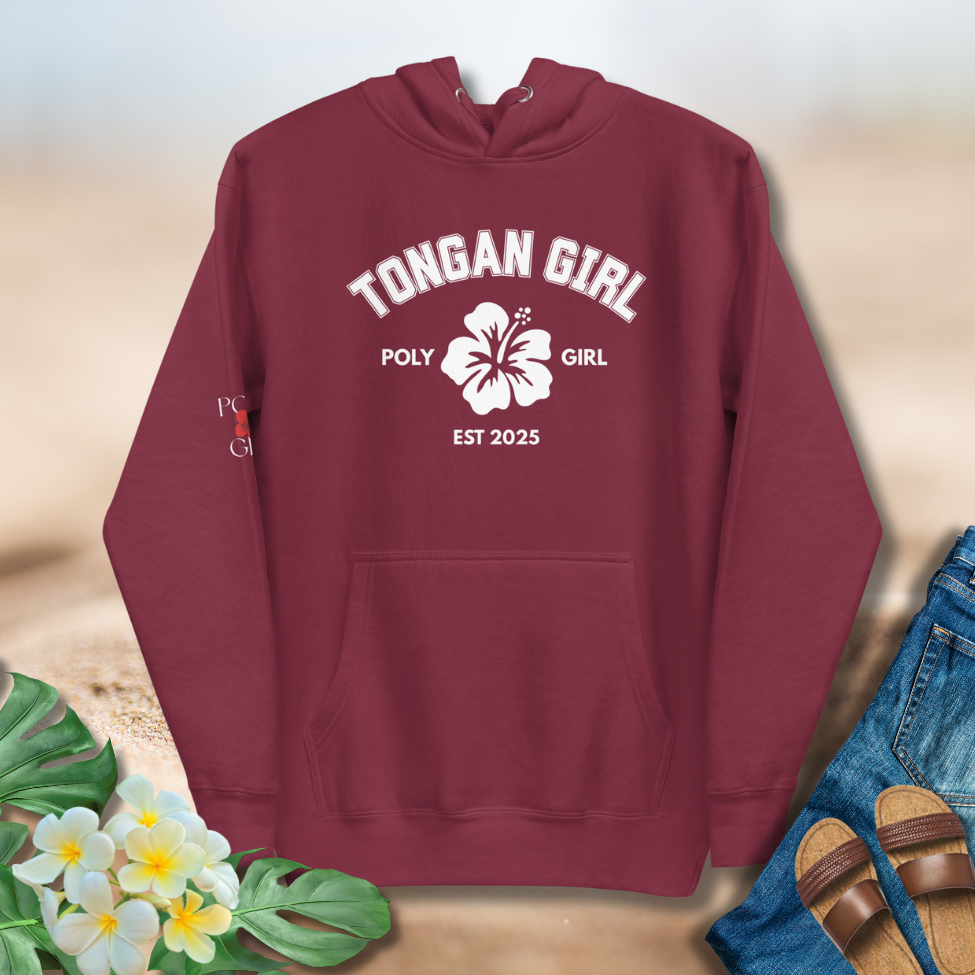 Tongan Girl Poly Girl Classic Hoodie in maroon color with white hibiscus emblem and EST 2025 text