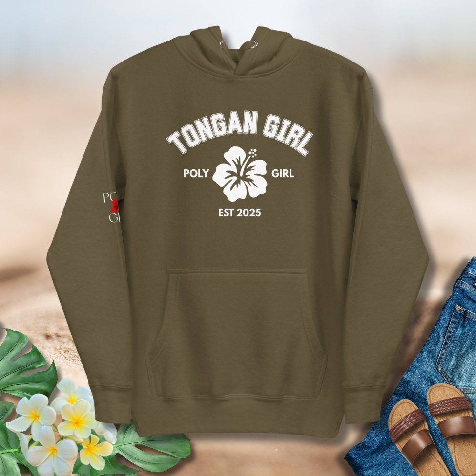 Tongan Girl Poly Girl Classic Hoodie in military green color with white hibiscus emblem and EST 2025 text