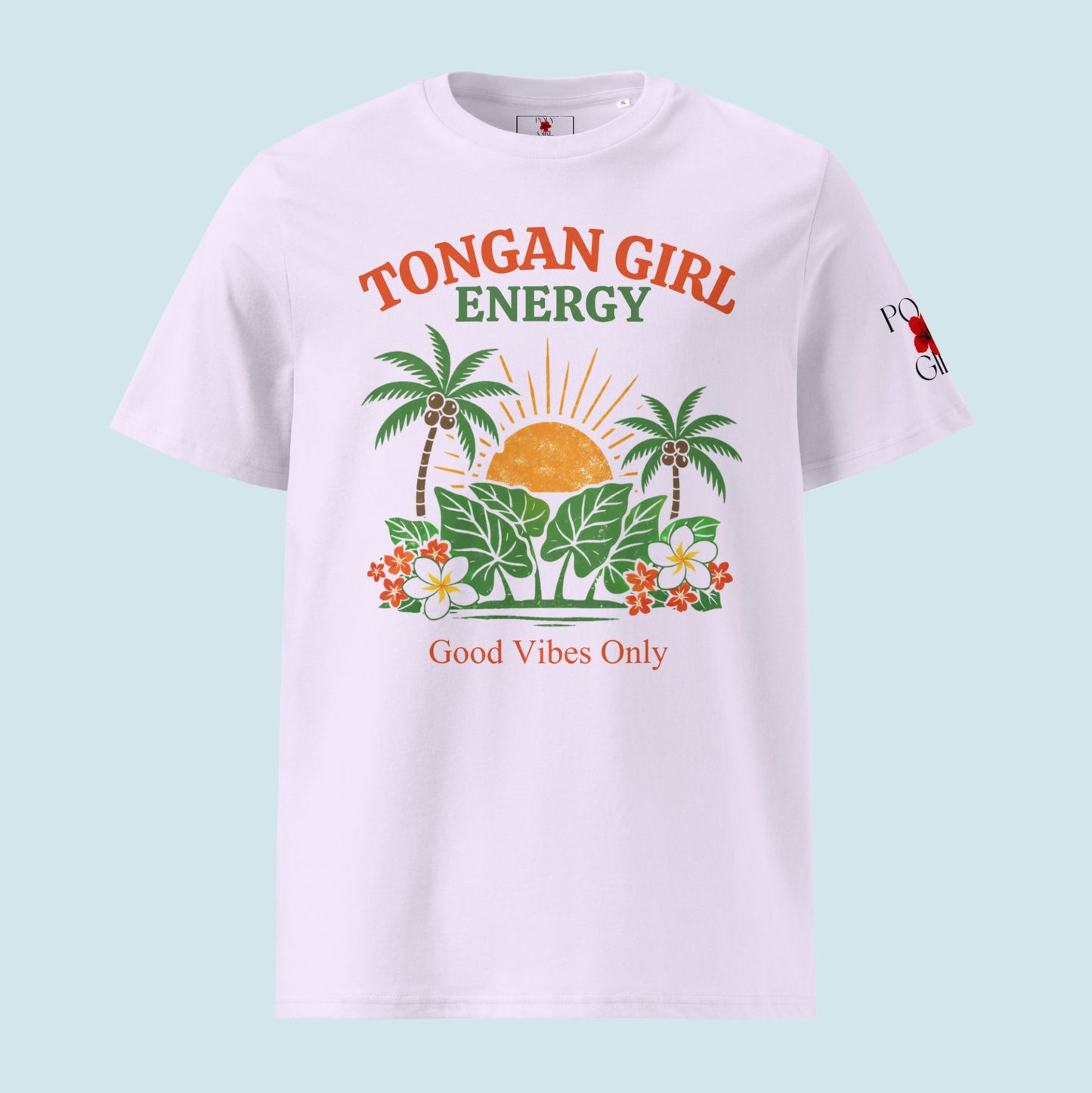 T-shirt with 'Tongan Girl Energy' design on a light blue background