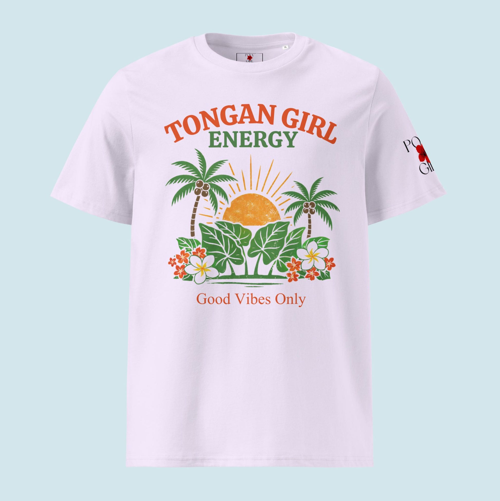 T-shirt with 'Tongan Girl Energy' design on a light blue background