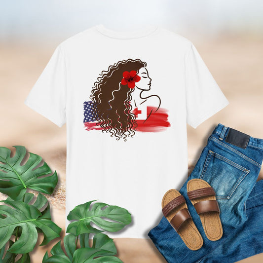 White t-shirt with a graphic design of a woman with an American flag and Tongan flag,  surrounded by green leaves and casual items.