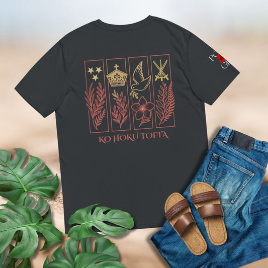 Black t-shirt with red graphics and text of Tongan seal in motifs, paired with jeans and sandals on a light background.
