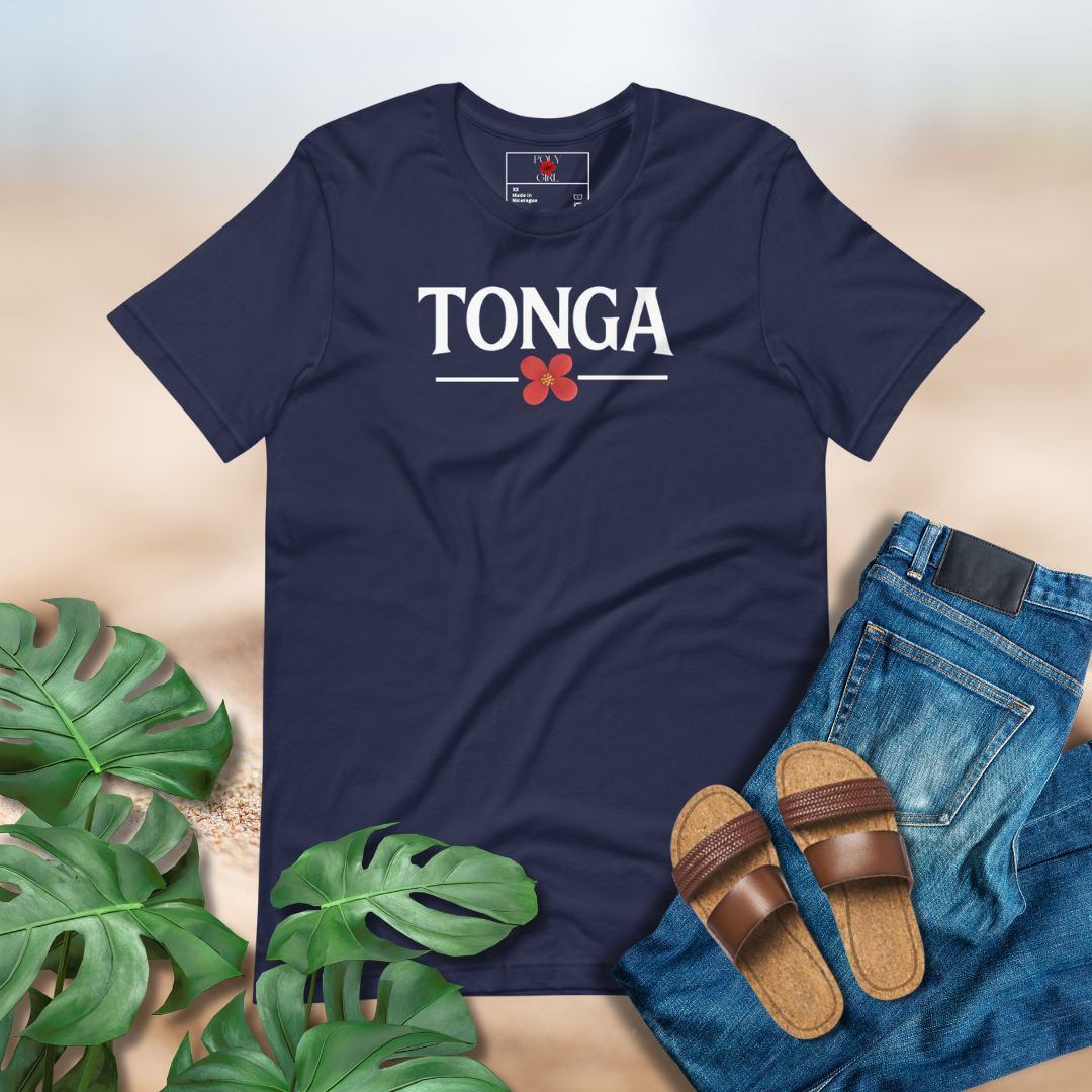 Navy Blue tee with TONGA text and symbolic red heilala blossom by Poly Girl