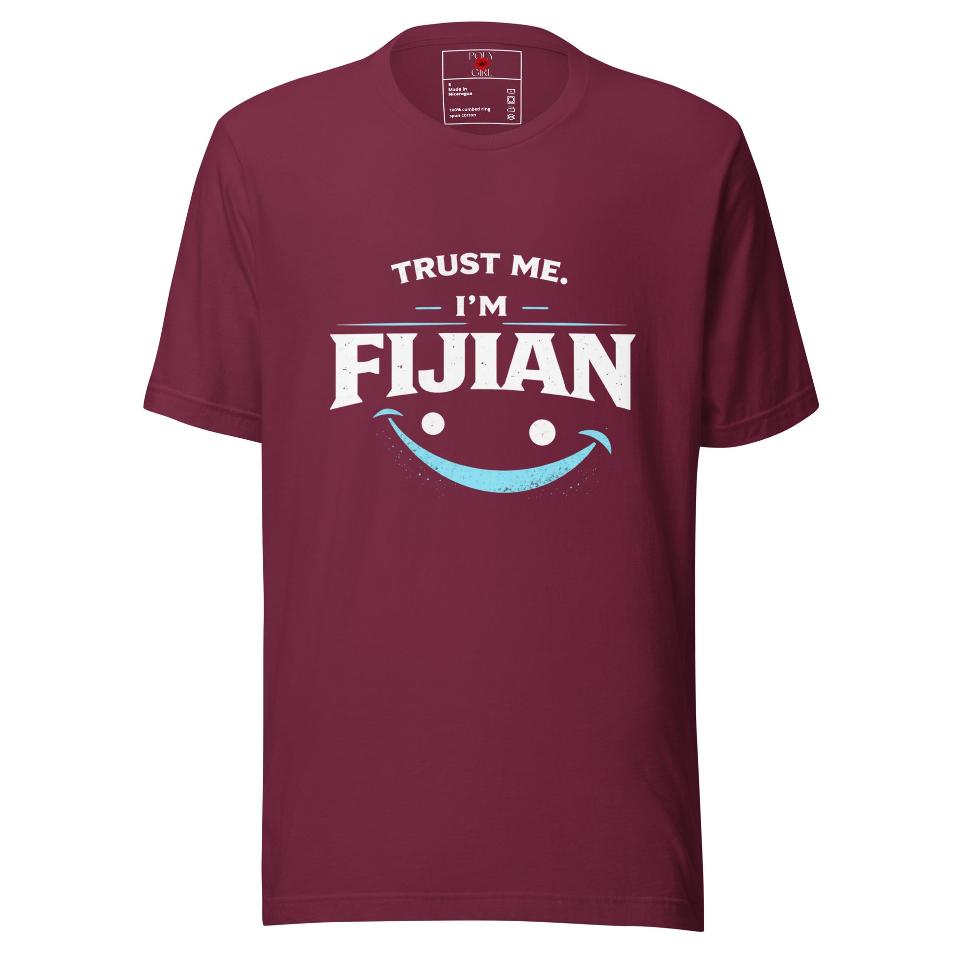 Trust Me I'm Fijian Tee in maroon by Poly Girl
