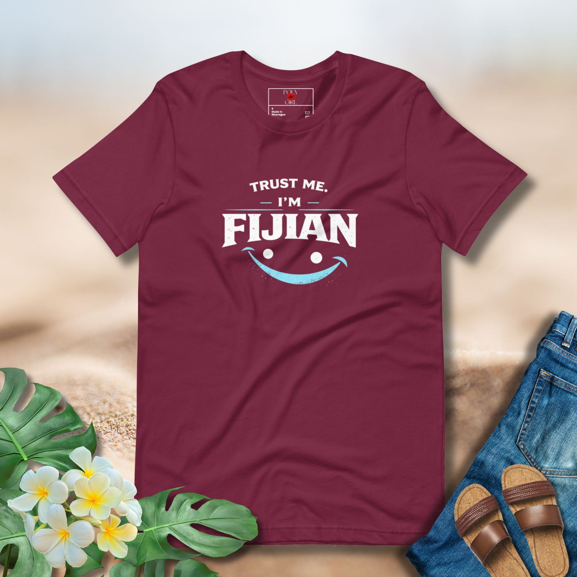 Marroon Tshirt with Trust Me I'm Fijian Design