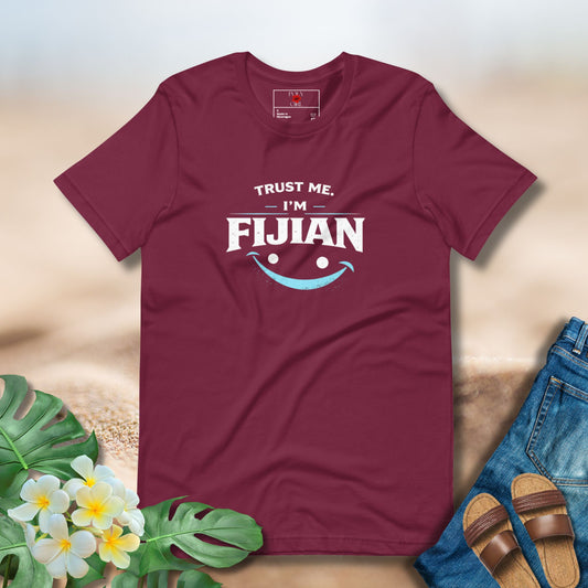 Marroon Tshirt with Trust Me I'm Fijian Design
