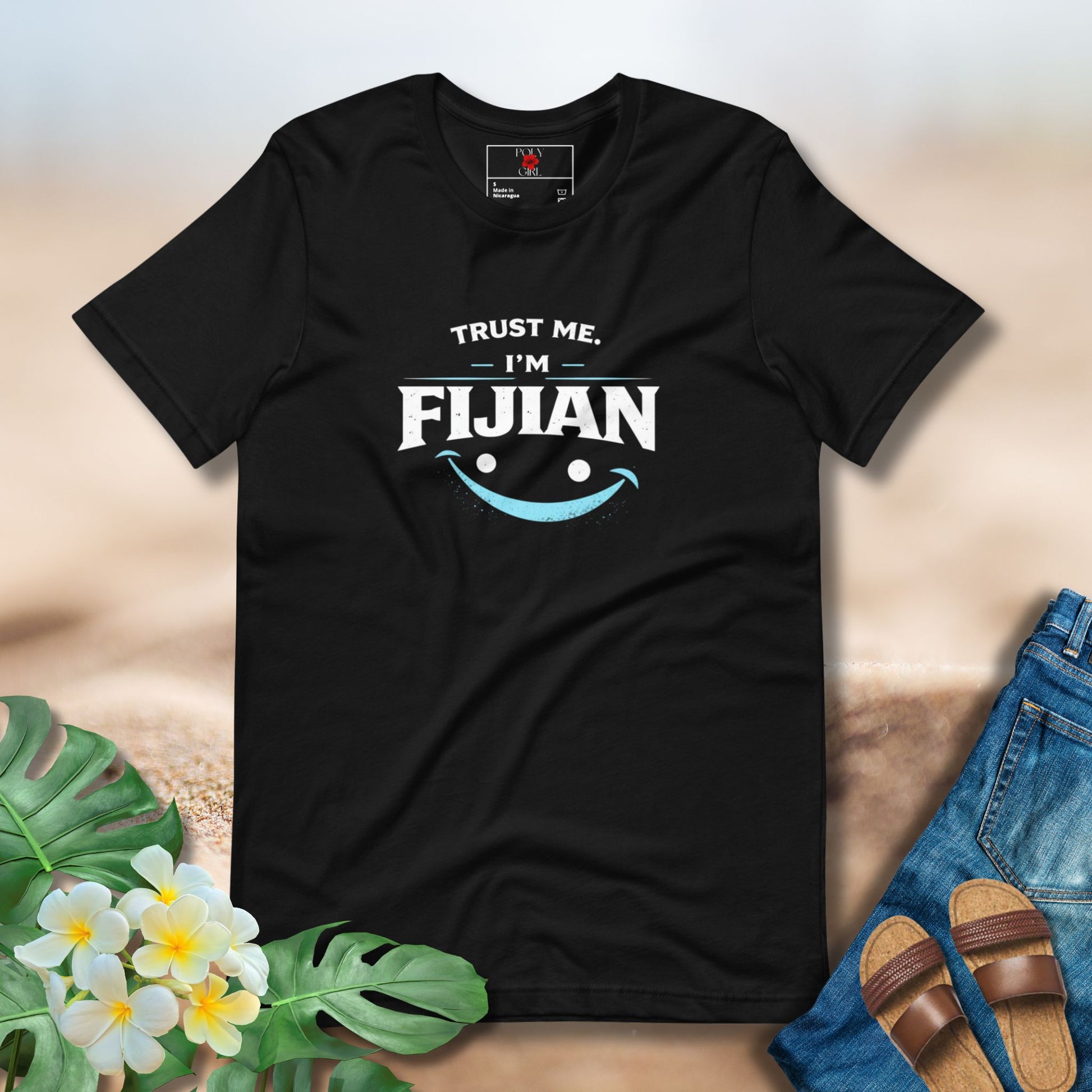 Black tshirt with the design Trust Me I'm Fijian