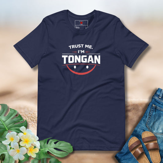 Blue Tshirt with Trust Me I'm Tongan design
