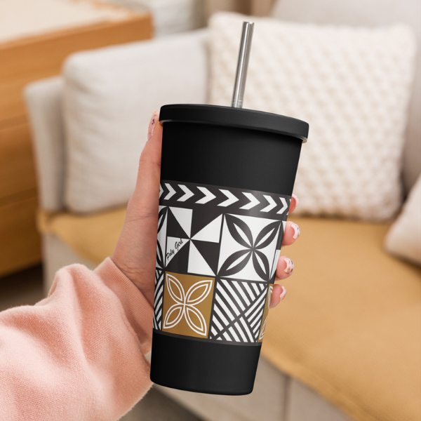 Black tumbler by Poly Girl, tapa inspired design 
