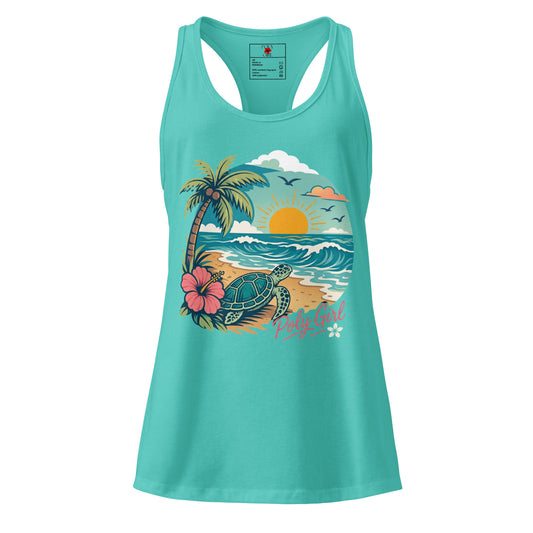 Turquoise tank top with design of a turtle, beach, sunset and tropical floral by Poly Girl