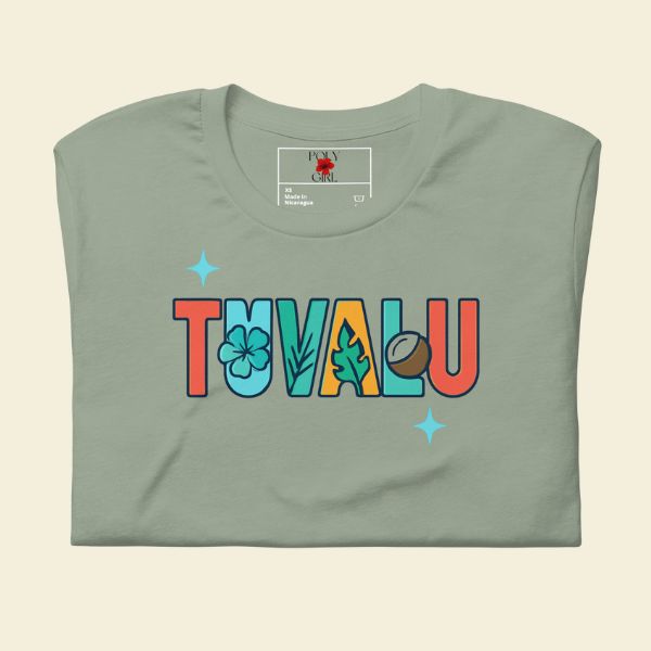 Folded green t-shirt with 'TUVALU' text and graphics on a beige background