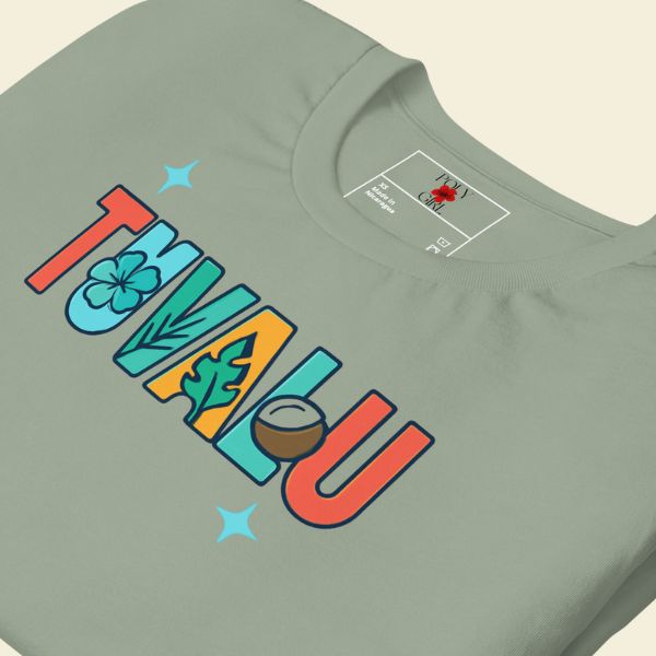 Green t-shirt with colorful Tuvalu design by Poly Girl