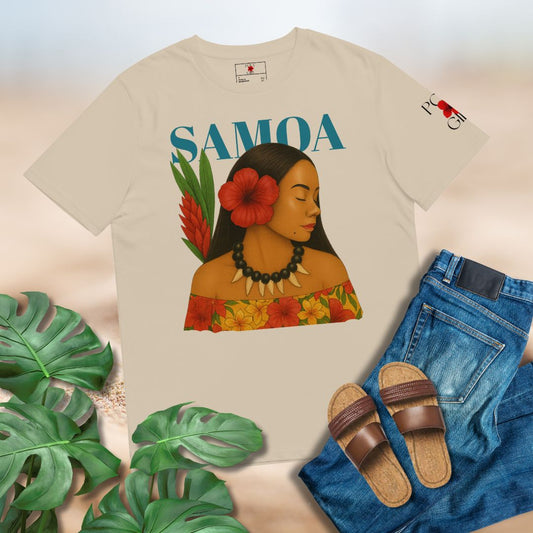 Beige t-shirt with a graphic of a woman, flowers, and 'SAMOA' text, surrounded by tropical leaves and jeans.