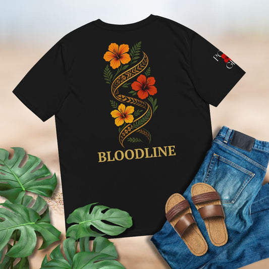 Black t-shirt with floral design and 'BLOODLINE' text, paired with jeans and sandals on a neutral background by Poly Girl.