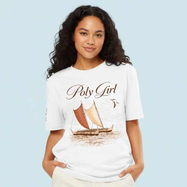 Woman wearing Vaka 'i Moana T-shirt by Poly Girl