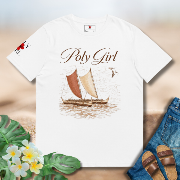 Poly Girl Vaka 'i Moana tee featuring a double-hulled  canoe with ocean wave line art