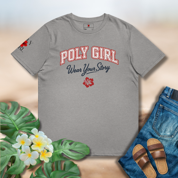 Poly Girl Varsity Tee with red outlined varsity lettering and script text
