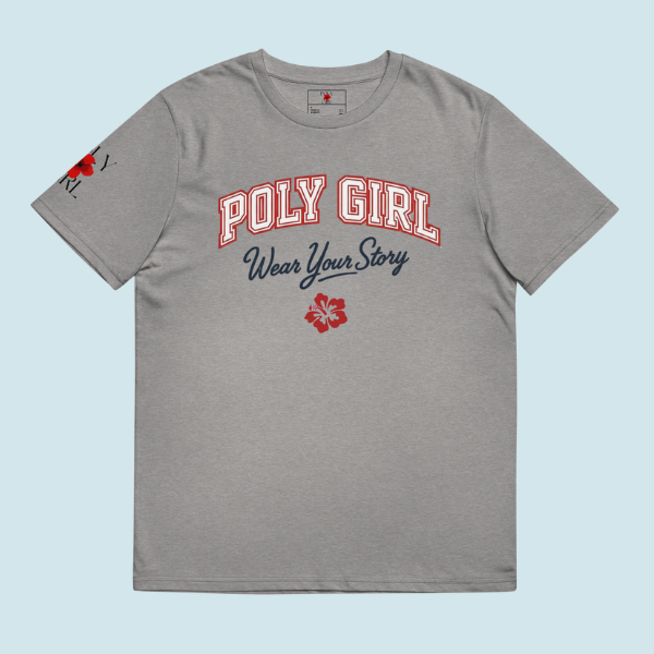 Gray t-shirt with 'Poly Girl' text and floral designs on a light blue background