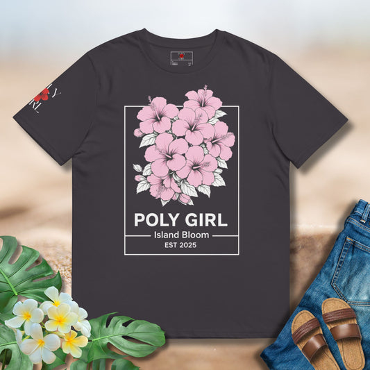 Vintage Island Bloom Tee with clusters of pink hibiscus in white outline and Poly Girl name and Island bloom EST 2025 on the bottom. 