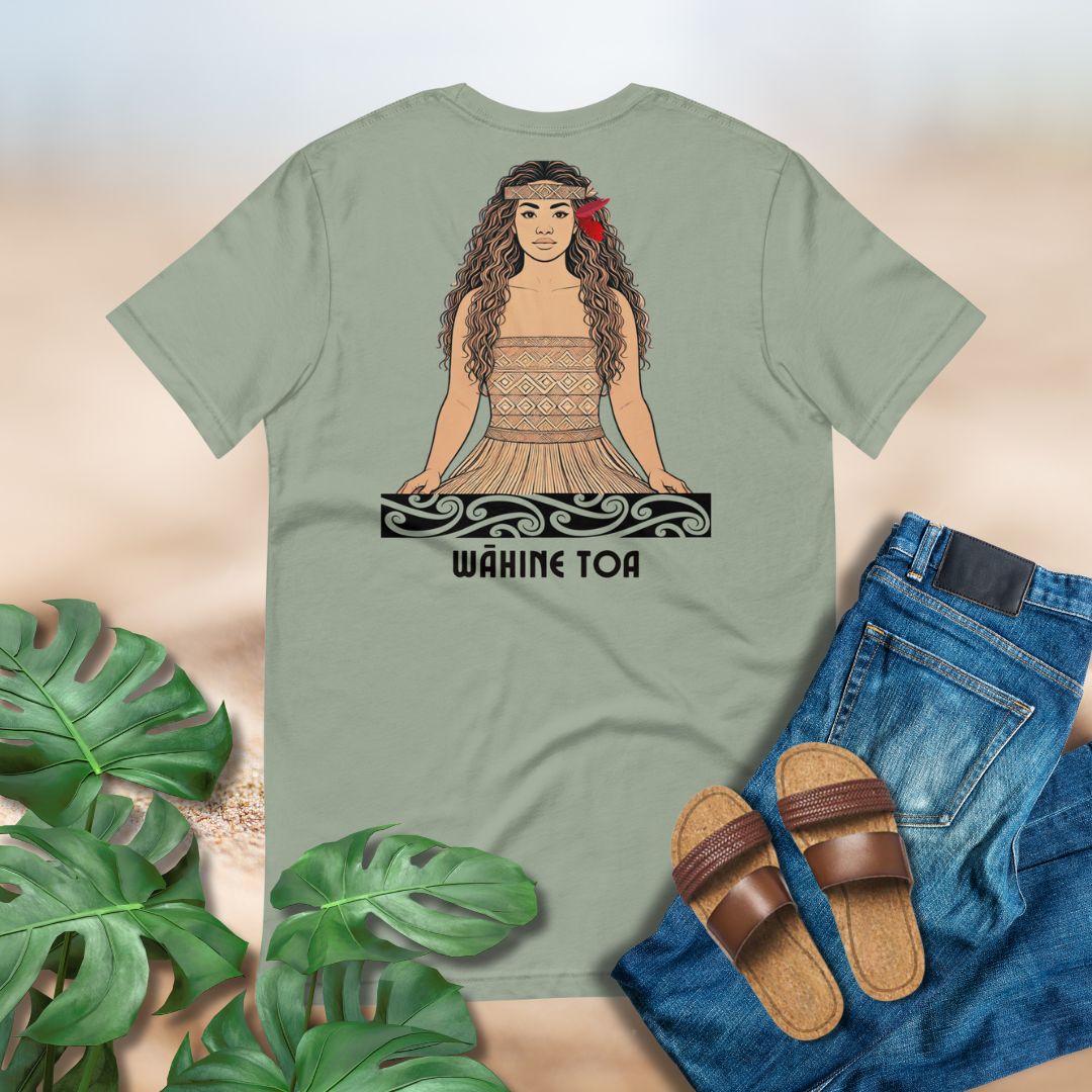 Sage color tee by Poly Girl with Wahine Toa design