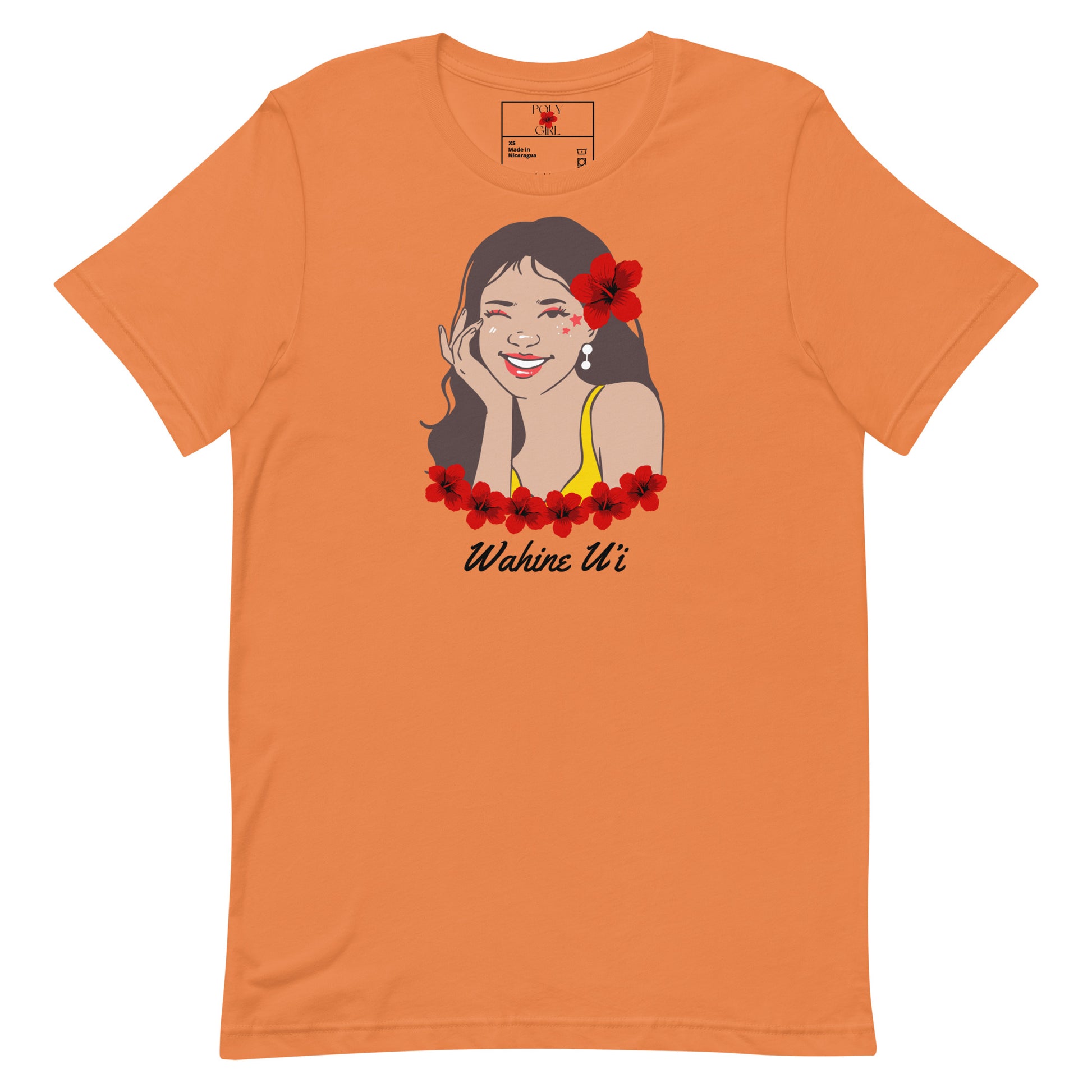 Burnt orange tshirt with a design of a girl with hibiscus flowers in her hair and outline of image with the words "Wahine U'i" or beautiful girl in Hawaiian.