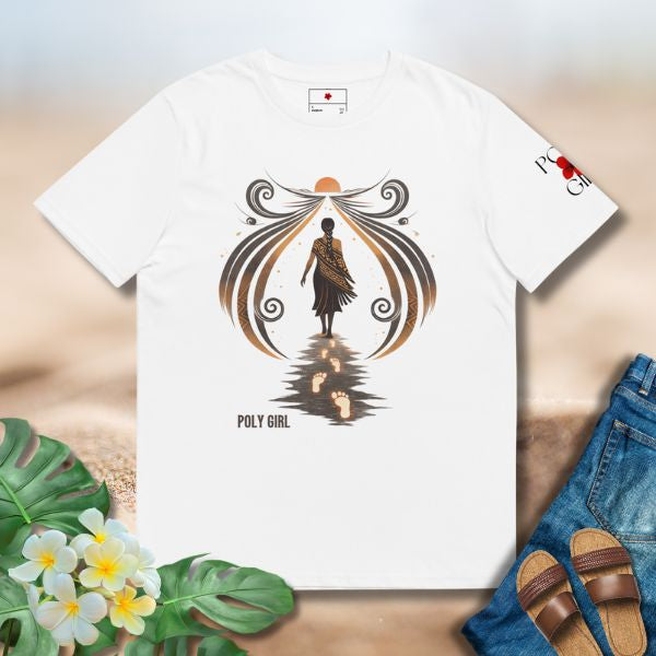 Poly Girl Walk With Mana tee featuring glowing footsteps symbolizing purpose and forward movement