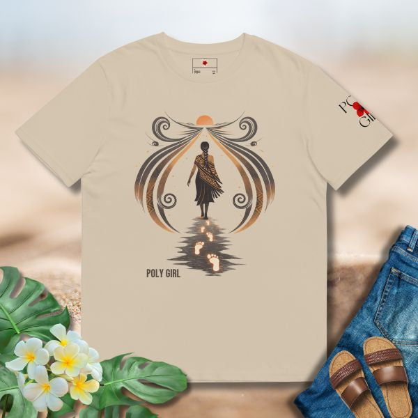 Polynesian-inspired tee from Poly Girl, Walk With Mana artwork detail