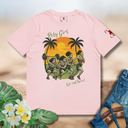 Pink t-shirt with a graphic design of women and palm trees on a beige background