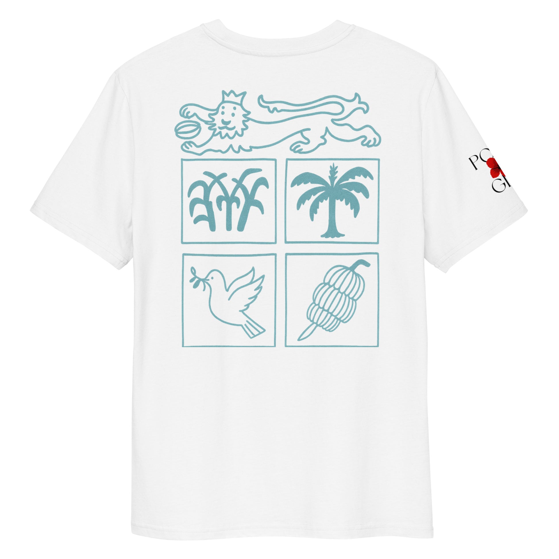 White T-shirt with Fijian Shield in minimalistic blue motifs