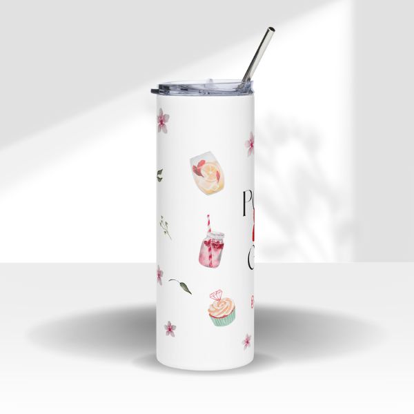 White tumbler with drink-themed design on a white background. The Refresher Tumbler by Poly Girl.