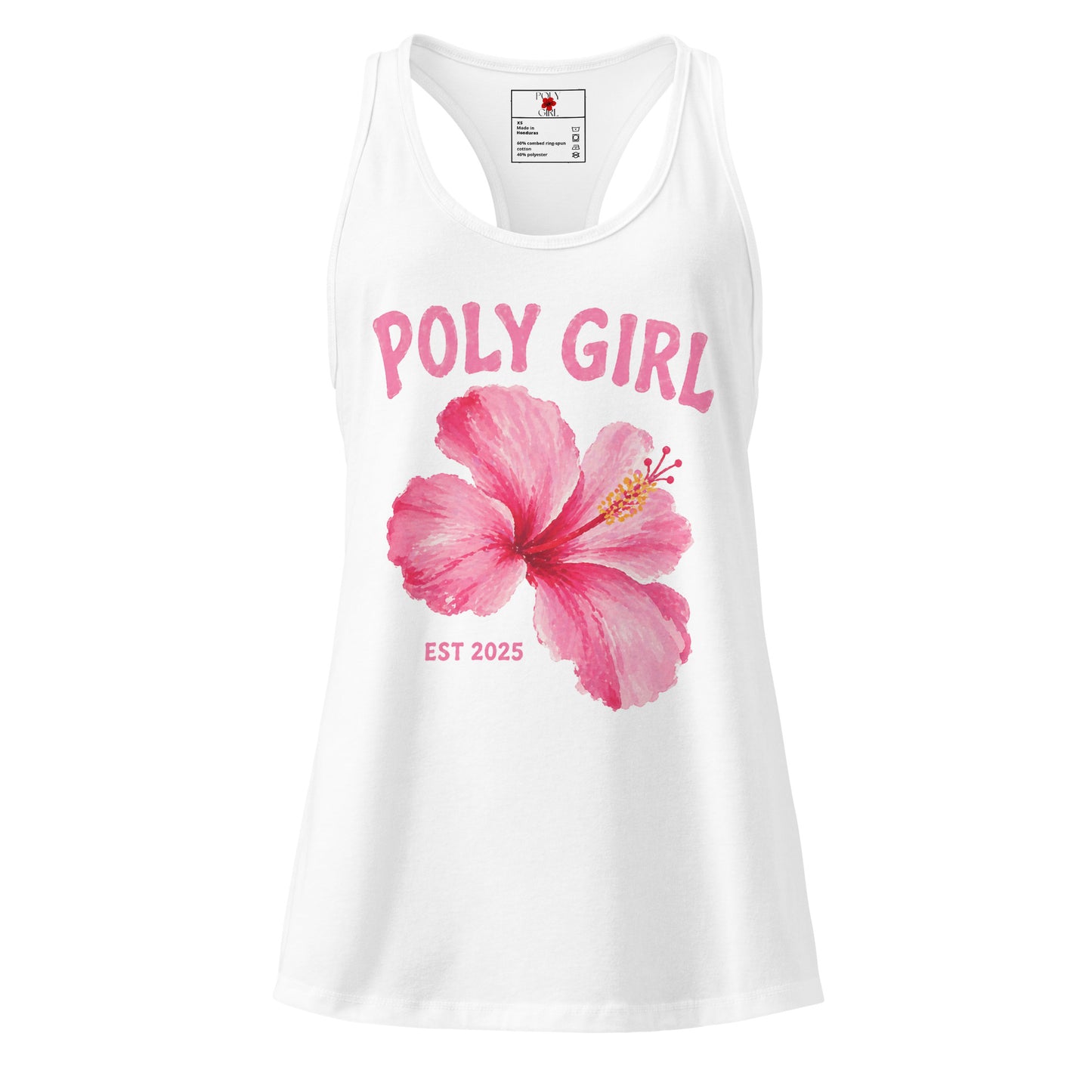 White Tank Top with Pink Hibiscus flower and Poly Girl EST 2025
