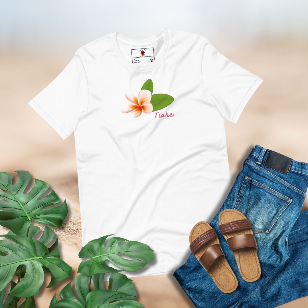 White T-shirt with a Tiare flower by Poly Girl 