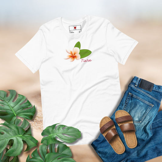 White T-shirt with a Tiare flower by Poly Girl 