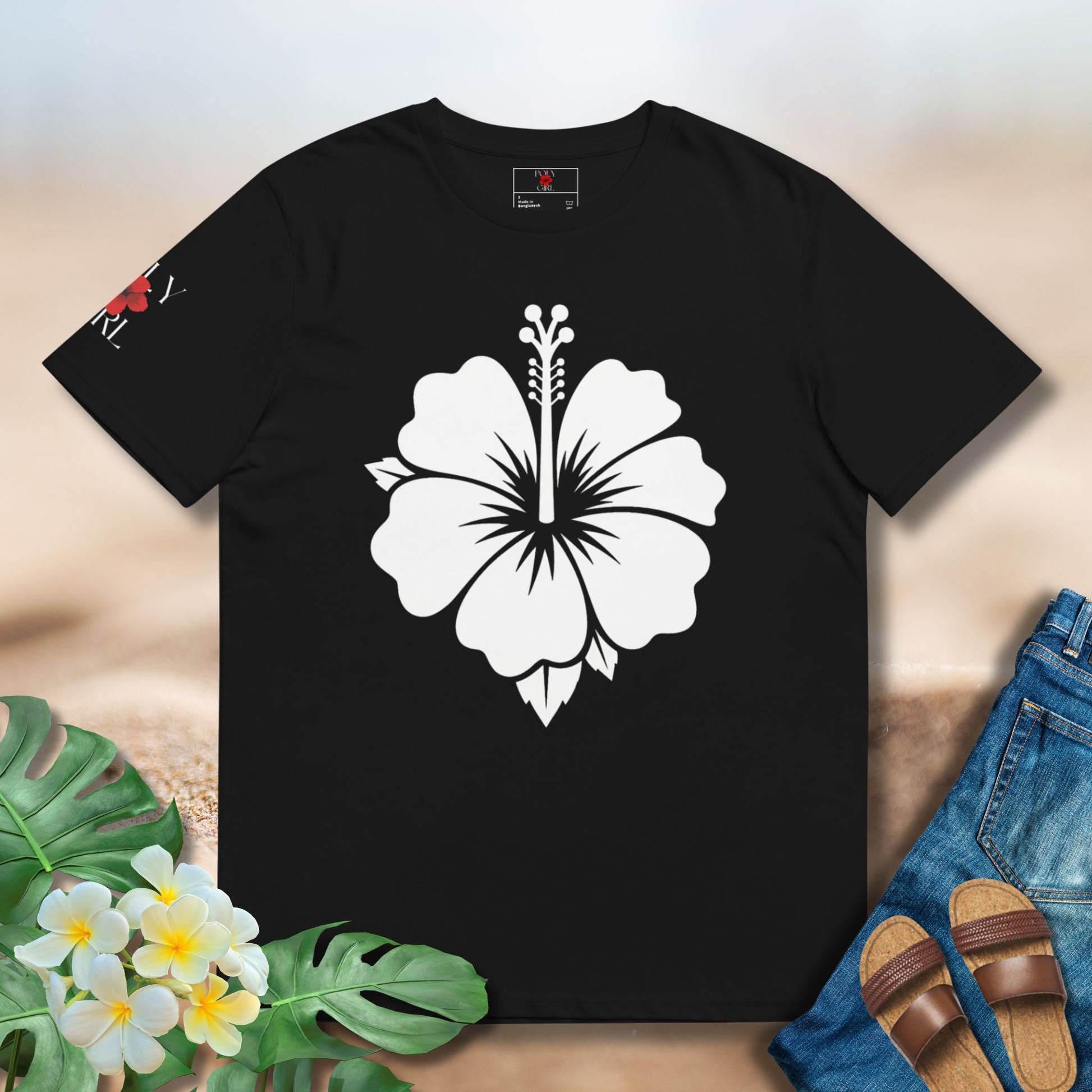 White hibiscus design on black tshirt