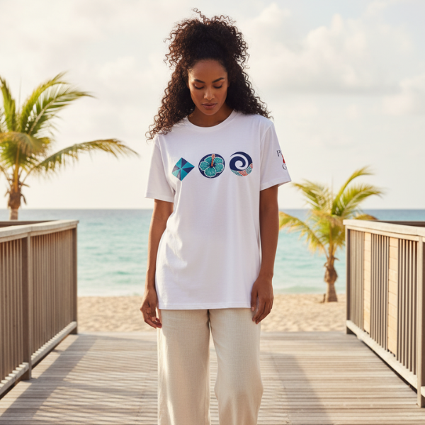 White tee with three Polynesian-inspired motifs symbolizing identity, direction, and resilience.