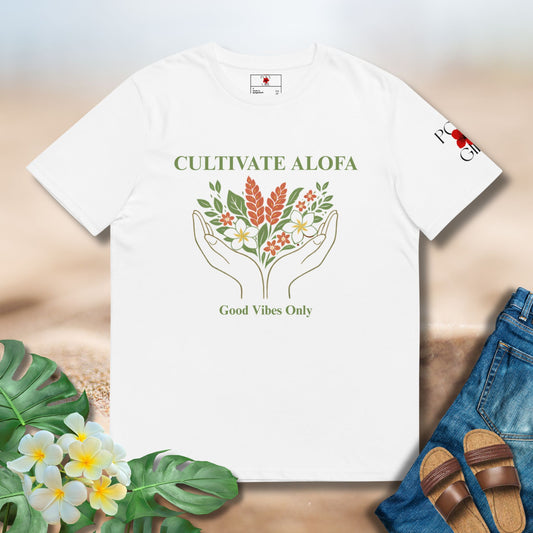 White tshirt with Cultivate Alofa and Good Vibes Only hand and floral design