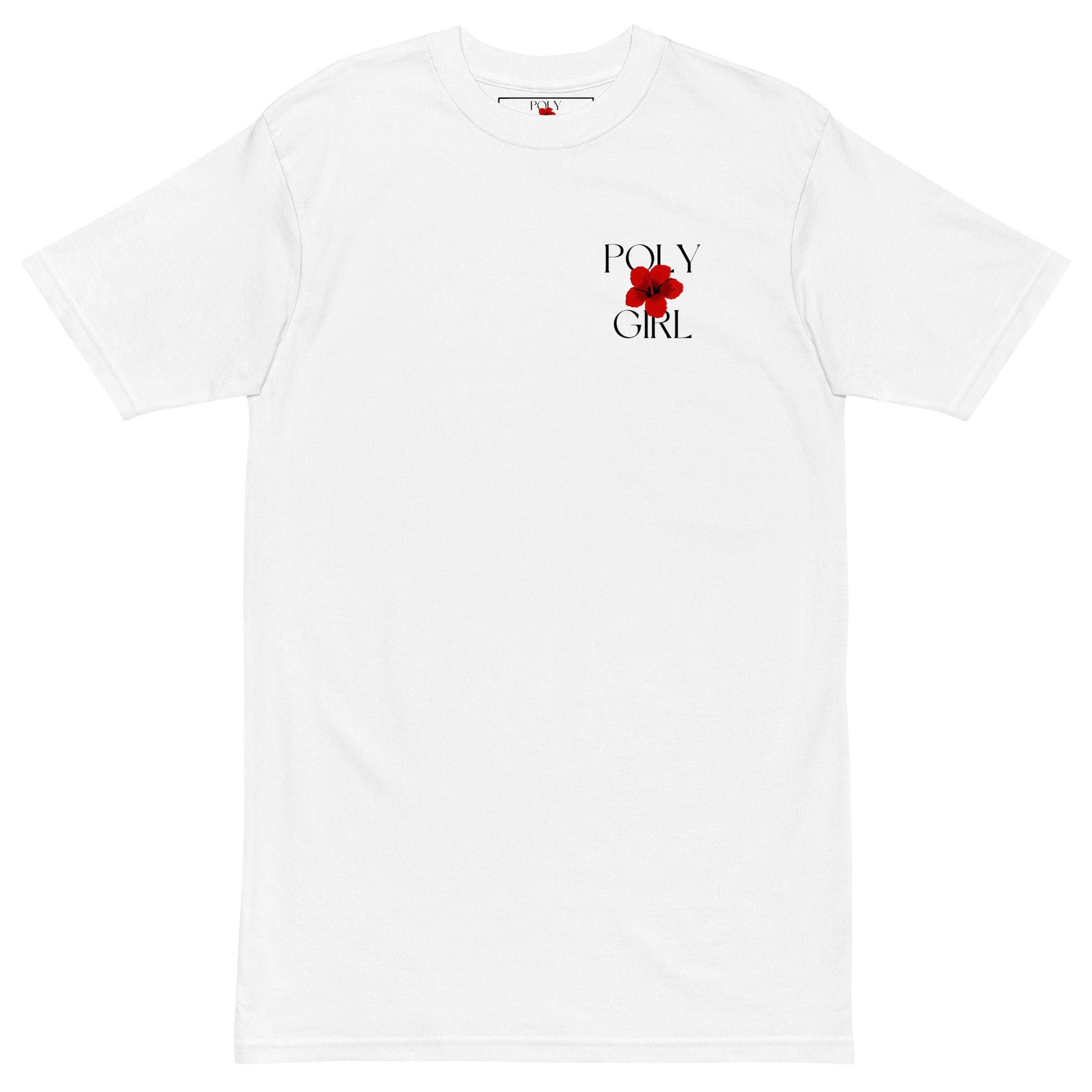 White unisex t-shirt with Poly Girl logo printed on left chest