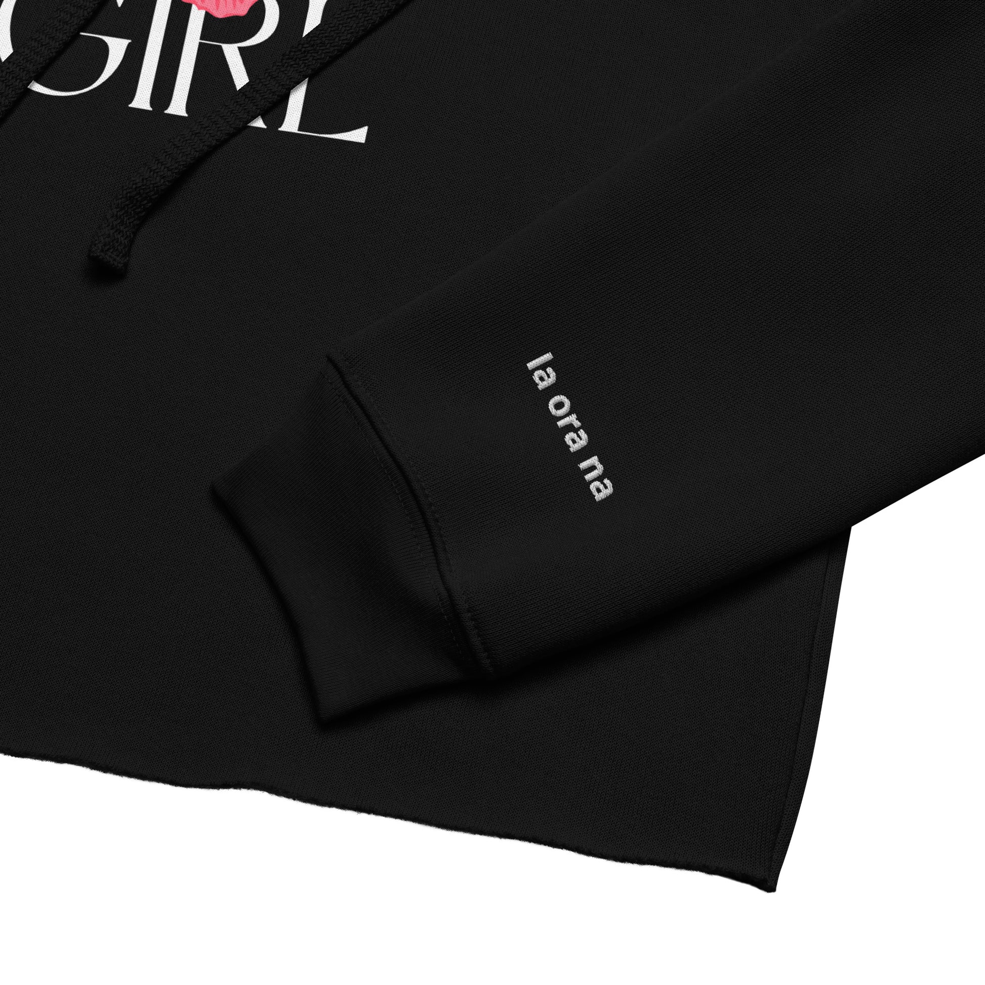 Women's Cropped Hoodie in Black With Ia Ora Na Tahitian Customization