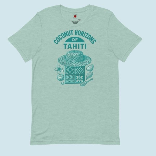 Dusty Blue colored tee featuring a papale niu hat with botanical elements and geometric designs