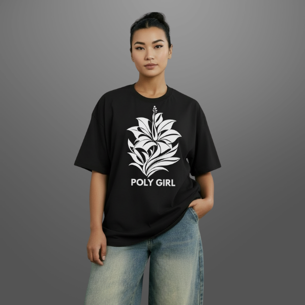 Abstract Art Deco white hibiscus flower design on black tee by Poly Girl