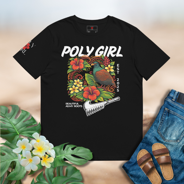 Poly Girl Beautiful as My Roots tee featuring tooth-billed pigeon with hibiscus, plumeria, red ginger, taro leaves, and nifo 'oti.