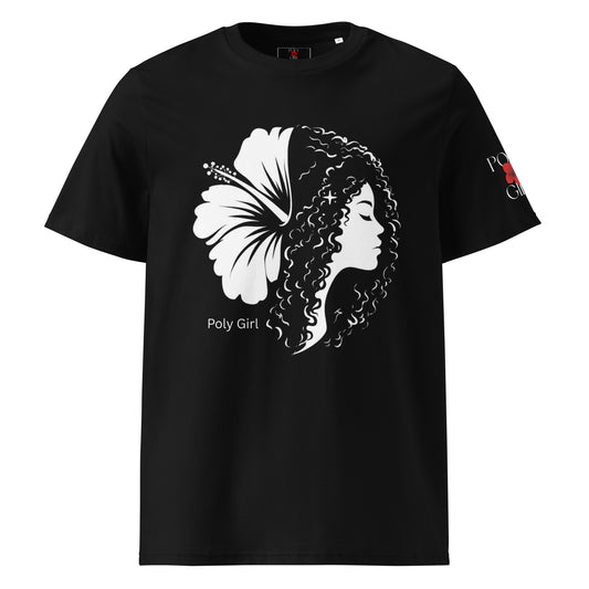 Black Tshirt by Poly Girl Duality Design of a woman on one side and a flower hibiscus on the other.