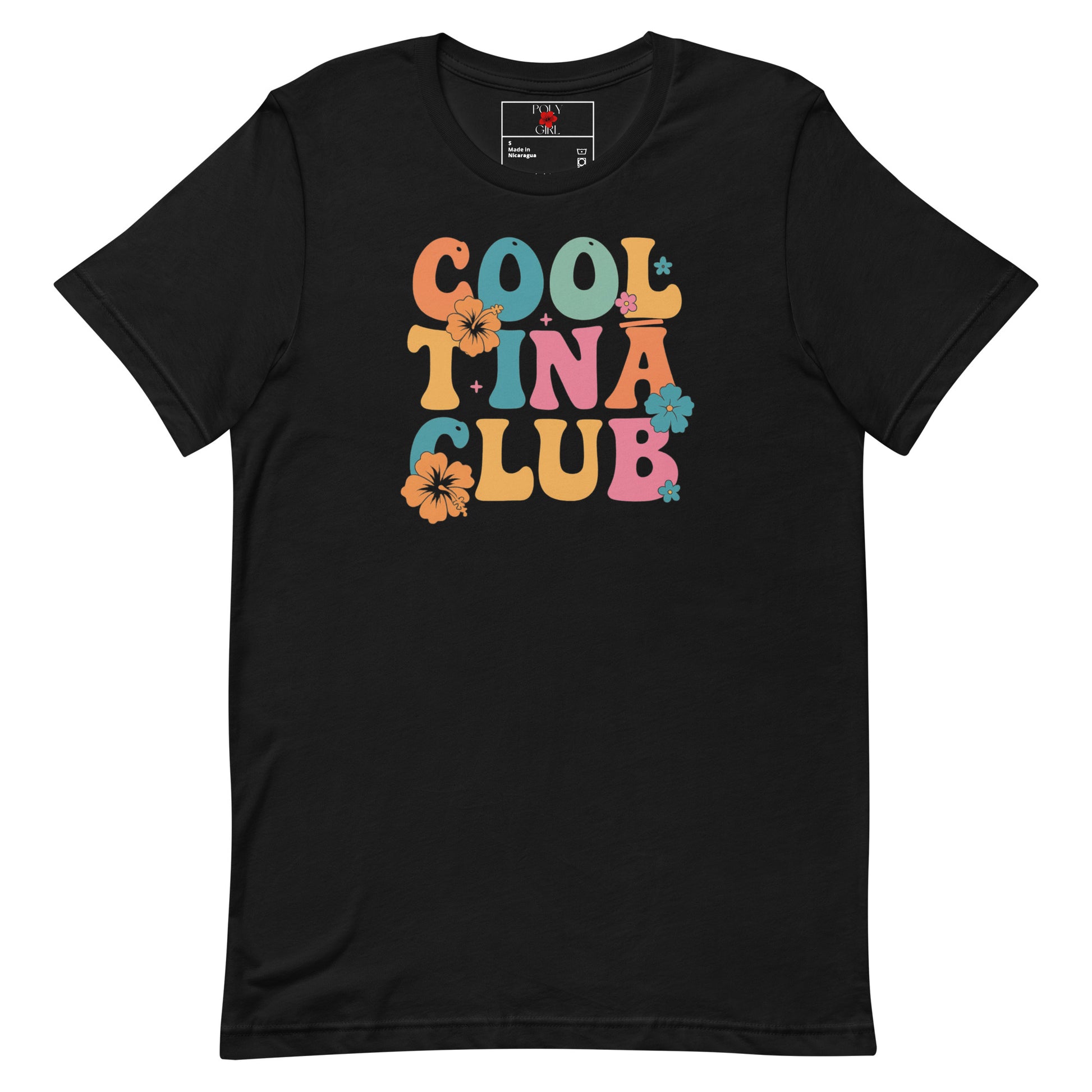 Ladies' Black t-shirt with colorful retro text Cool Tinā Club and hibiscus flowers in orange, teal, and pink