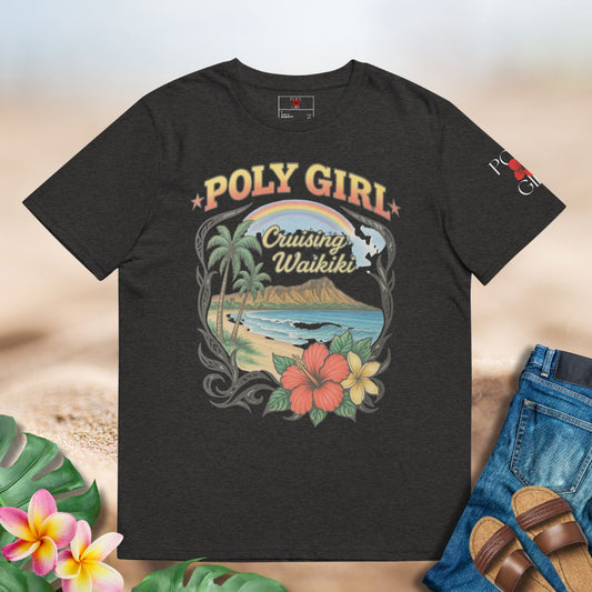 Black t-shirt with 'Poly Girl Cruising Waikiki' graphic design on a neutral background